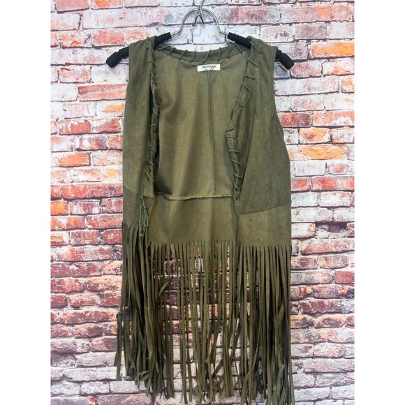 HOTOUCH green faux suede fringe vest open women's size small - Picture 1 of 5